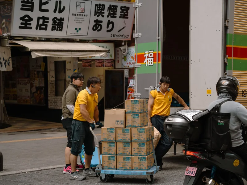 街なかで荷物を運ぶ配送スタッフ